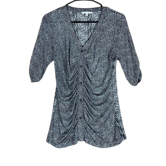 CAbi Womens Blouse White Black Leopard Runched Mesh 1/2 Sleeve Button Down M - Picture 1 of 11